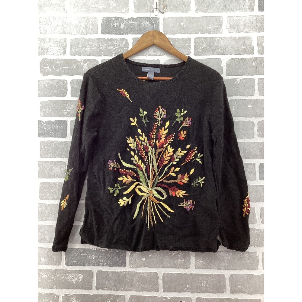 Northern Isles Womens Black Embroidered Floral Wheat Knit Sweater Ramie Cotton M